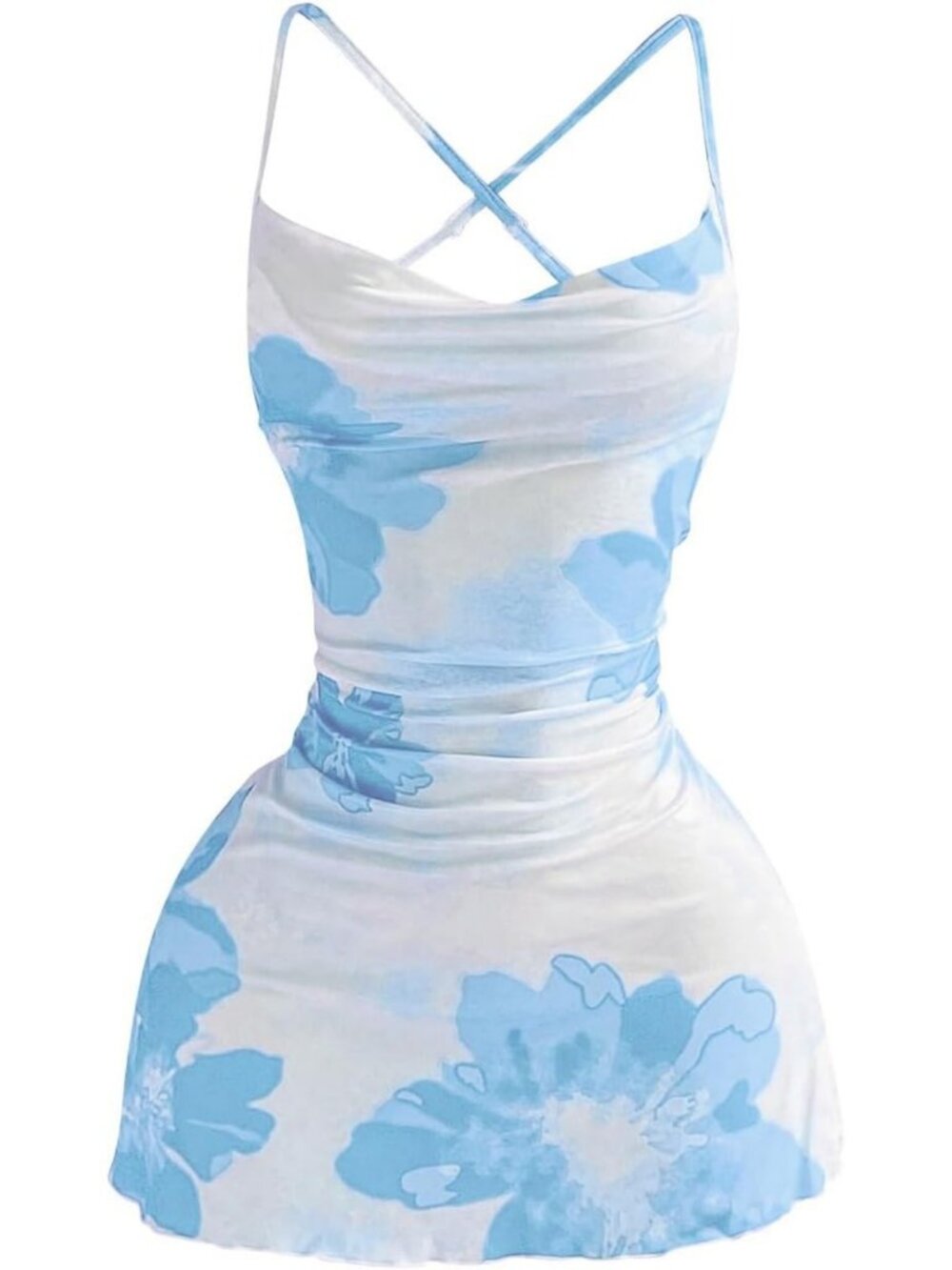 Cute Y2K Cowl Neck Halter Mini Dress with Spaghetti Straps & Fun Print